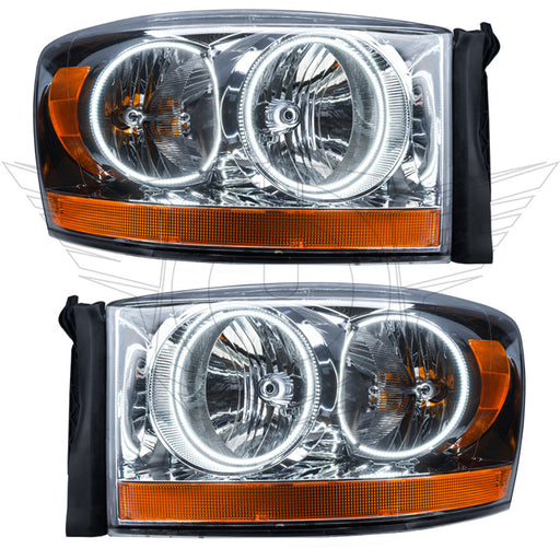 2006 Dodge Ram Pre-Assembled Halo Headlights - Chrome with white halo rings.