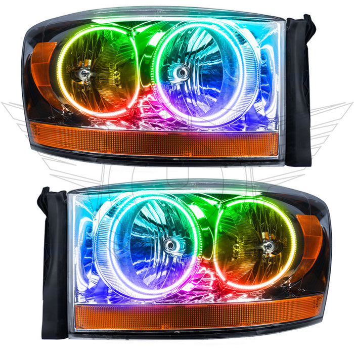 2006 Dodge Ram Pre-Assembled Halo Headlights - Chrome with ColorSHIFT halo rings.