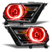 Ford Mustang headlights with red LED halo rings.