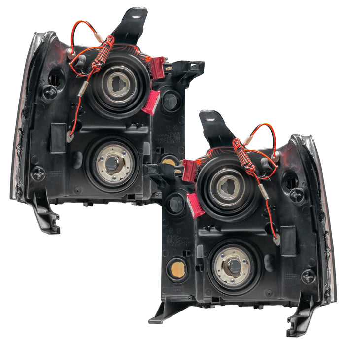 Rear view of 2007-2013 GMC Sierra Pre-Assembled Halo Headlights - (Square Ring Design)