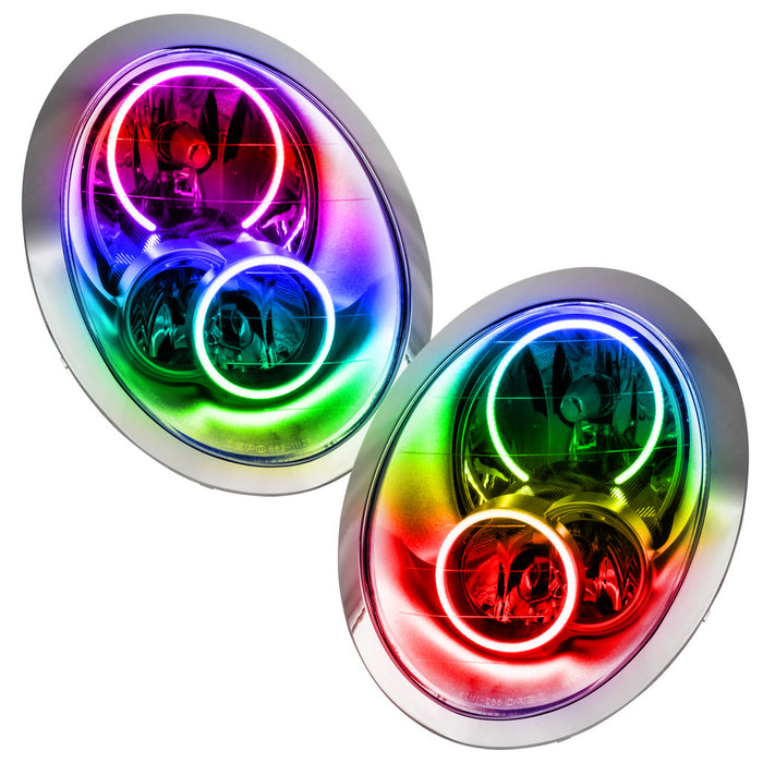 2005-2008 Mini Cooper/S Pre-Assembled Halo Headlights with ColorSHIFT LED halo rings.