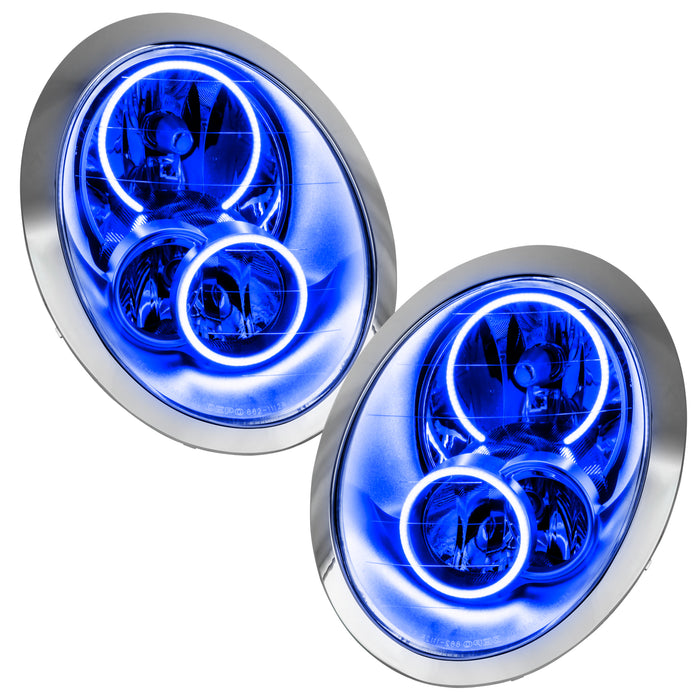 2005-2008 Mini Cooper/S Pre-Assembled Halo Headlights with blue LED halo rings.
