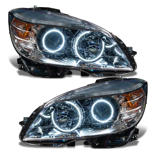 2008-2011 Mercedes Benz C-Class Pre-Assembled Headlights-Chrome-HALOGEN with white LED halo rings.