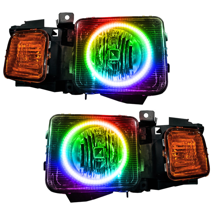 Hummer H3 headlights with ColorSHIFT LED halo rings.