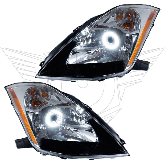 2003-2005 Nissan 350Z Pre-Assembled Headlights - HID Style with white LED halo rings.