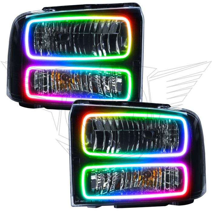 2005 Ford Excursion Pre-Assembled Halo Headlights - Black Housing with RGB LED halos.
