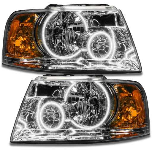 2003-2006 Ford Expedition Pre-Assembled Headlights - Chrome with white LED halo rings.
