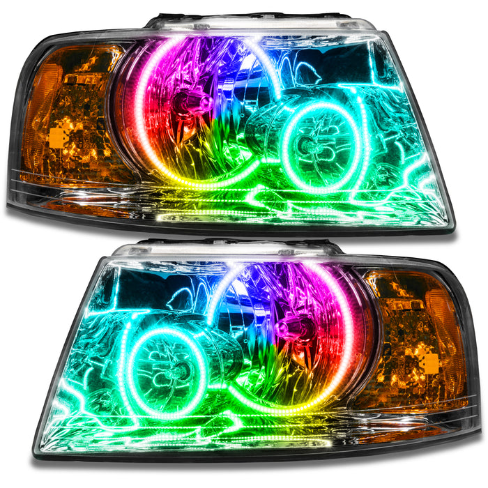 2003-2006 Ford Expedition Pre-Assembled Headlights - Chrome with ColorSHIFT LED halo rings.