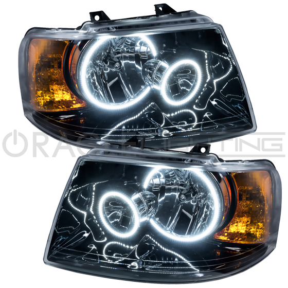 2003-2006 Ford Expedition Pre-Assembled Halo Headlights - Black Housing with white LED halo rings.