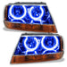 Jeep Grand Cherokee headlights with blue LED halo rings.