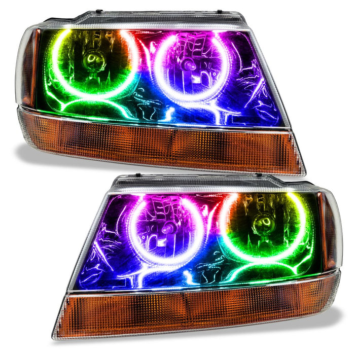 Jeep Grand Cherokee headlights with ColorSHIFT LED halo rings.