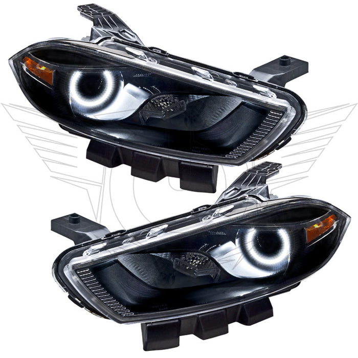 2013-2016 Dodge Dart Pre-Assembled Halo Headlights - Black Housing (Halogen Style) with white LED halo rings.