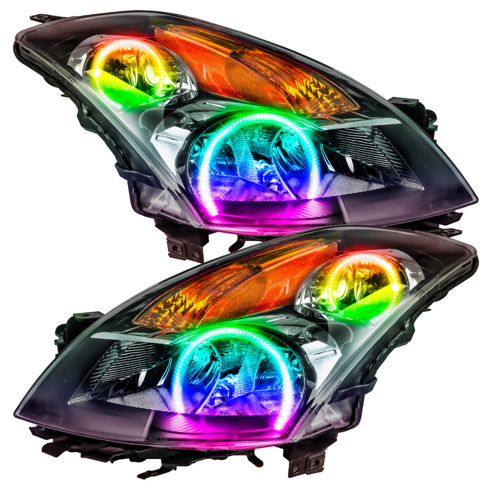 2007-2009 Nissan Altima Sedan Pre-Assembled Halo Headlights - Black Housing (Halogen) with ColorSHIFT Halos.