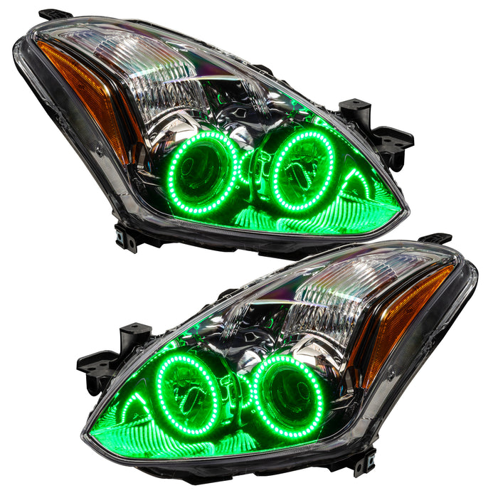 Nissan Altima headlights with green LED halo rings.