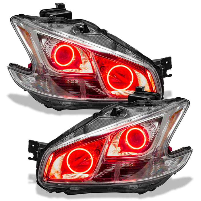 Nissan Maxima headlights with red LED halo rings.