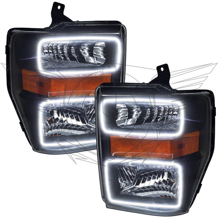 2008-2010 Ford F-250/F-350 Super Duty Pre-Assembled Halo Headlights - Black with white LED halo rings.
