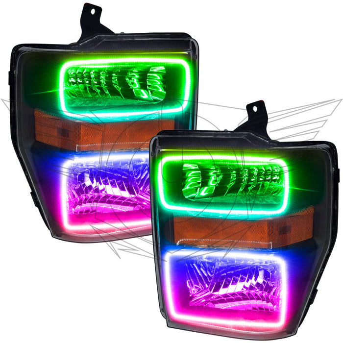 2008-2010 Ford F-250/F-350 Super Duty Pre-Assembled Halo Headlights - Black with ColorSHIFT LED halo rings.