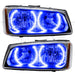 Chevrolet Silverado headlights with blue LED halo rings.