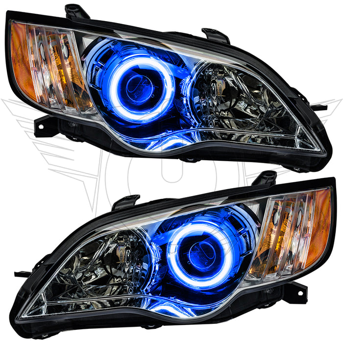 Subaru Legacy headlights with blue halos.