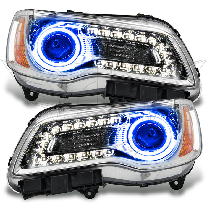 2011-2014 Chrysler 300C NON HID Pre-Assembled Halo Headlights - Chrome Housing with blue halo rings.