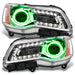 2011-2014 Chrysler 300C NON HID Pre-Assembled Halo Headlights - Chrome Housing with green halo rings.