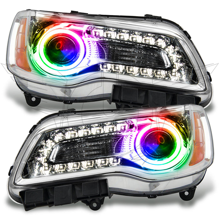 2011-2014 Chrysler 300C NON HID Pre-Assembled Halo Headlights - Chrome Housing with rainbow halo rings.