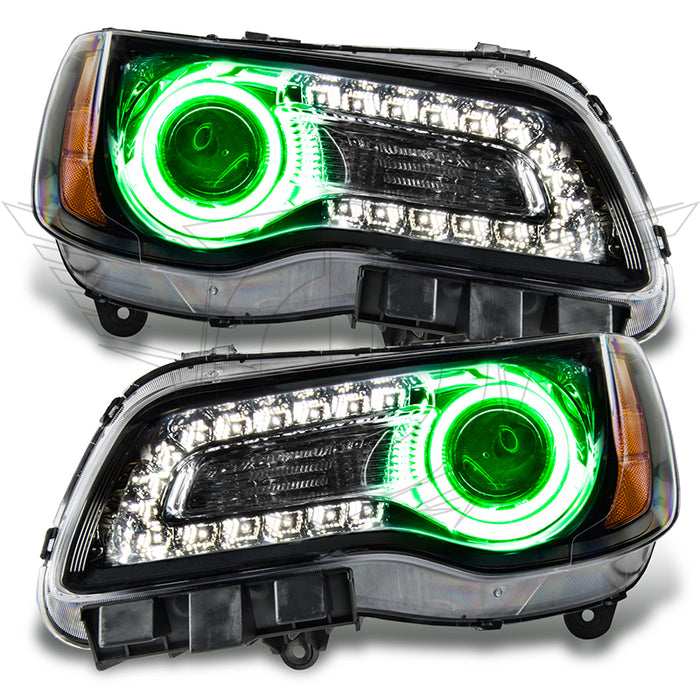Chrysler 300C Pre-Assembled Headlights with green halo rings.