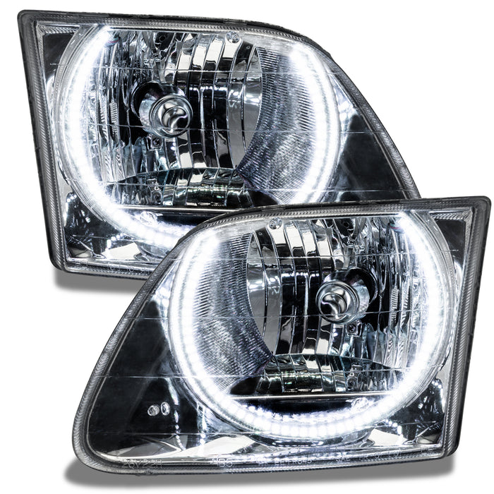 1997-2003 Ford F-150/F-250 Super Duty Pre-Assembled Halo Headlights - Chrome Housing with white halos.