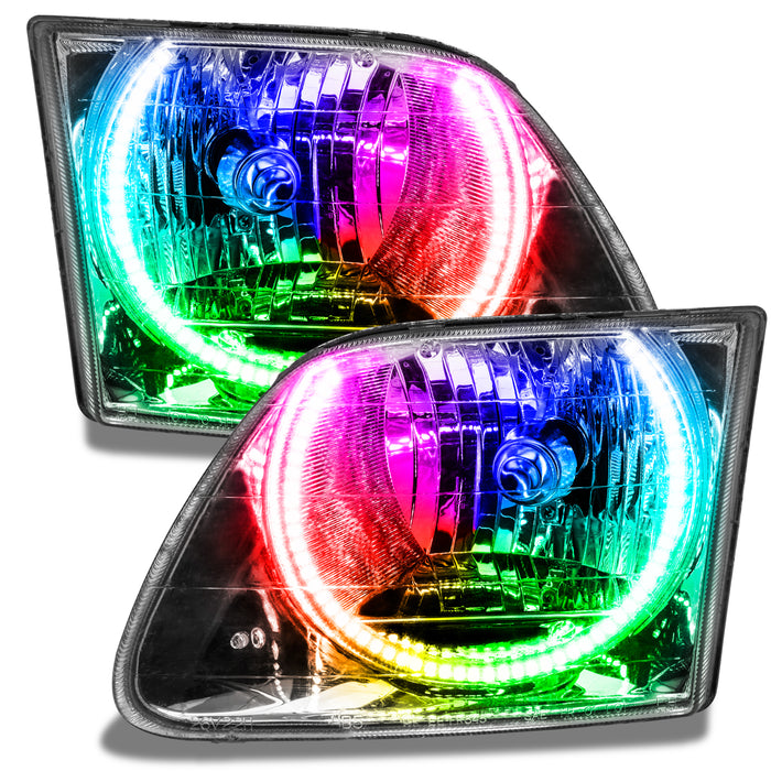 1997-2003 Ford F-150/F-250 Super Duty Pre-Assembled Halo Headlights - Chrome Housing with rainbow halos.