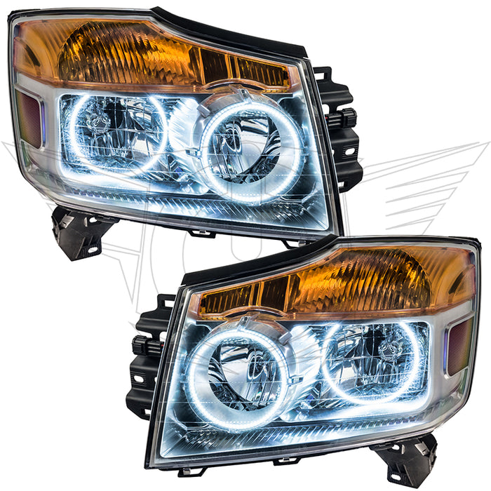 Nissan Armada headlights with white LED halo rings.