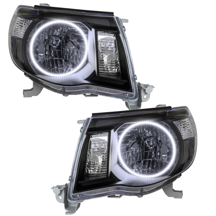 2005-2011 Toyota Tacoma Pre-Assembled Halo Headlights-Black with white LED halo rings.
