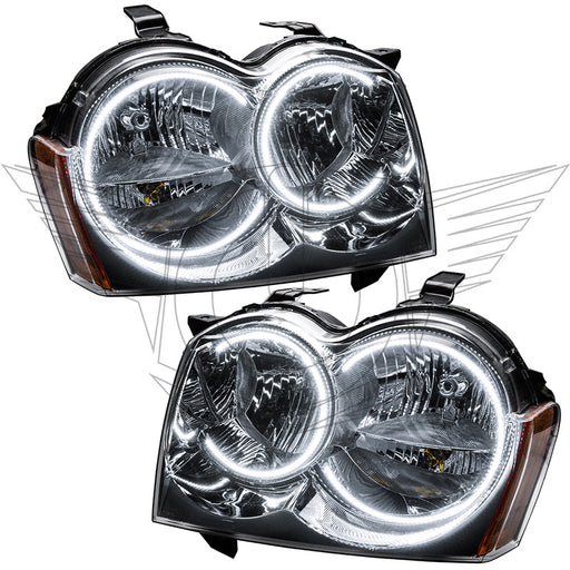 2005-2007 Jeep Grand Cherokee Pre-Assembled Headlights - Non HID - Chrome with white LED halo rings.