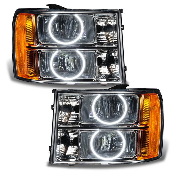 GMC Sierra headlights with white LED halo rings.