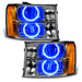 GMC Sierra headlights with blue LED halo rings.