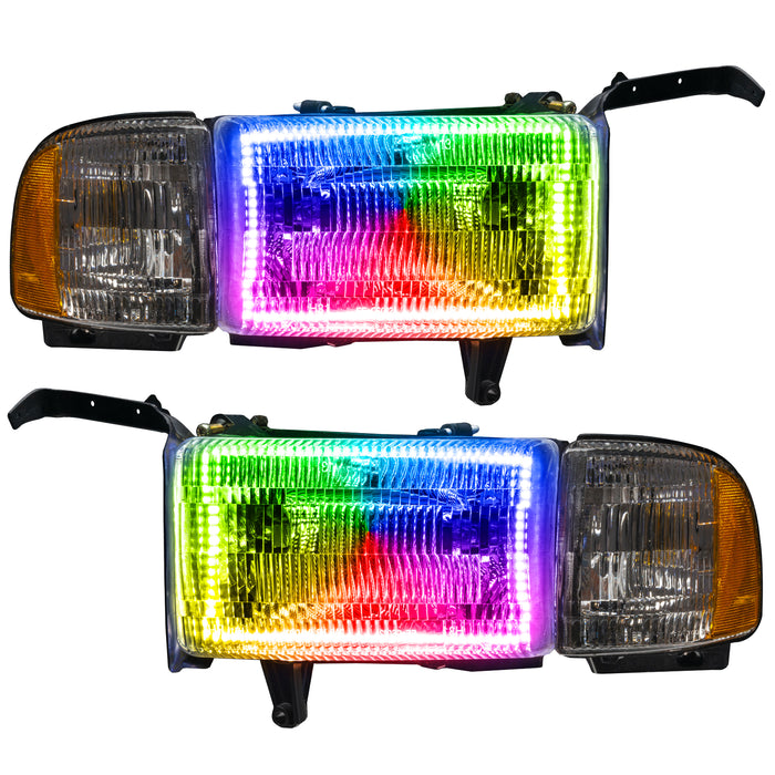 1994-2002 Dodge Ram 1500/2500/3500 Pre-Assembled Halo Headlights with ColorSHIFT LED halos.