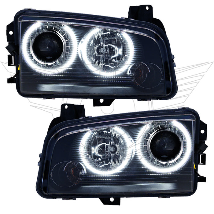 Dodge Charger headlights with white LED halo rings.