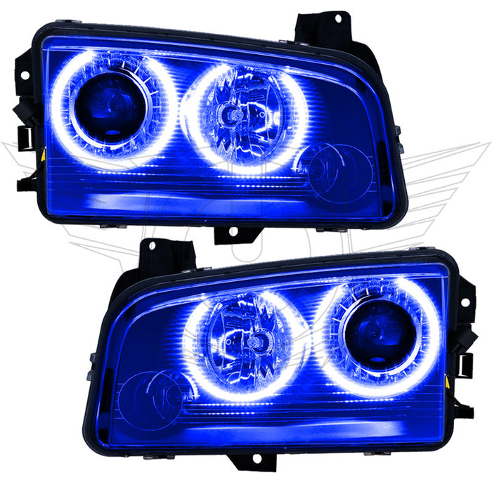Dodge Charger headlights with blue LED halo rings.