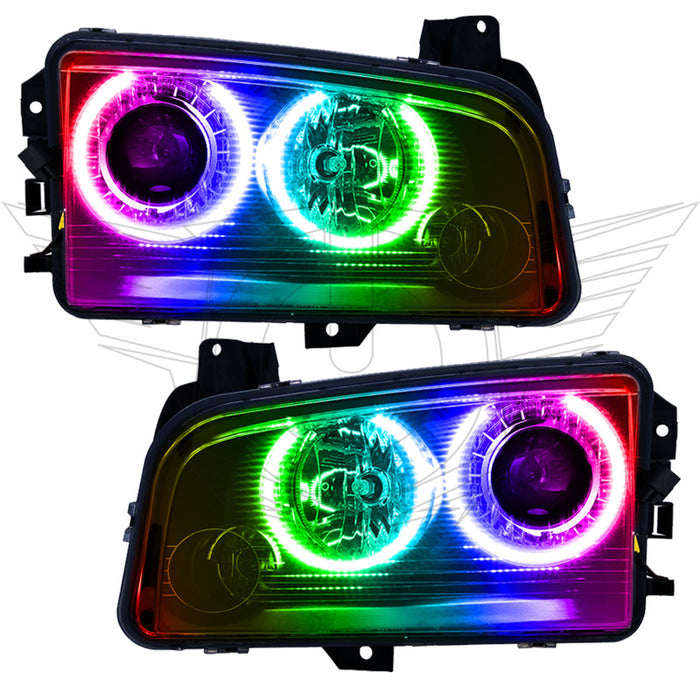 Dodge Charger headlights with ColorSHIFT LED halo rings.