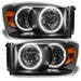 Dodge Ram headlights with white LED halo rings.
