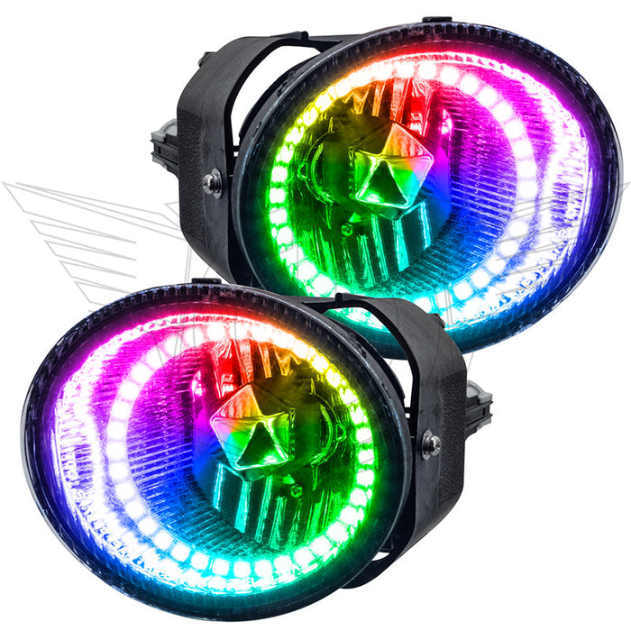 2001-2002 Nissan Frontier Pre-Assembled Fog Lights with rainbow LED halo rings.