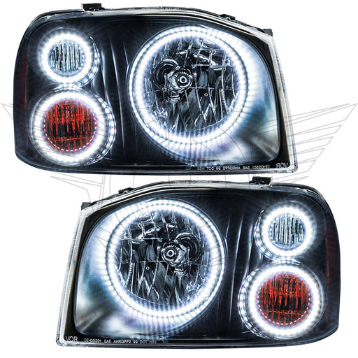2001-2004 Nissan Frontier Pre-Assembled Halo Headlights-Triple Halos with white LED halo rings.
