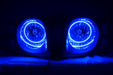 Nissan Xterra headlights with blue LED halo rings.