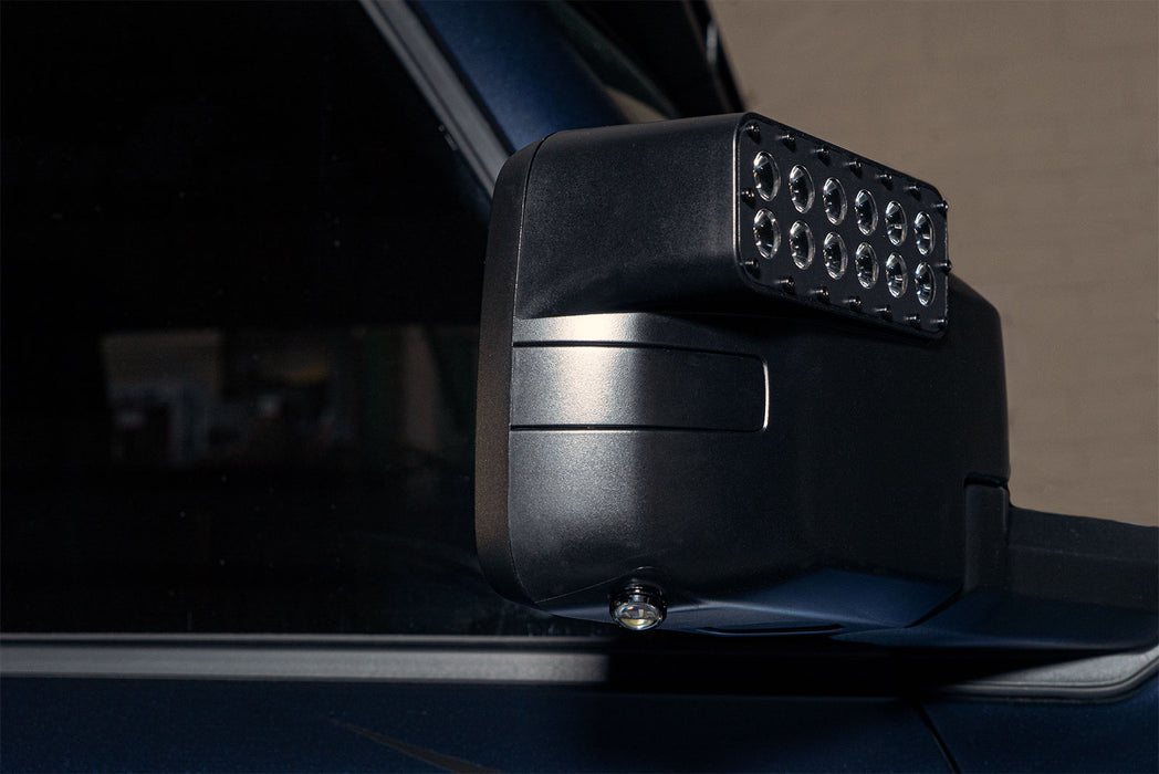 Close-up of a LED Side Mirror installed on a Ford Bronco with Puddle Light upgrade