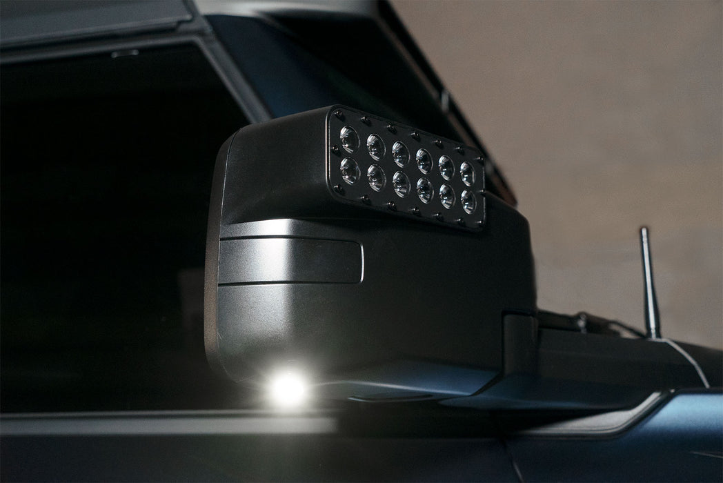 Close-up of a LED Side Mirror installed on a Ford Bronco with Puddle Light upgrade