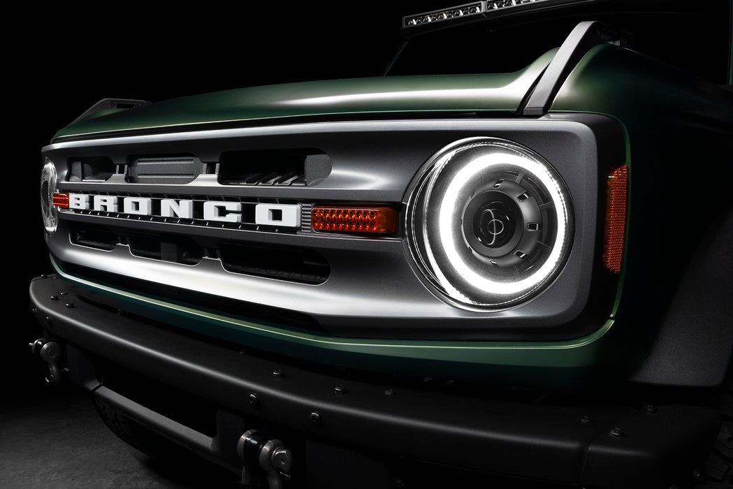 Close-up of ford bronco with Oculus headlights turned on - white DRL