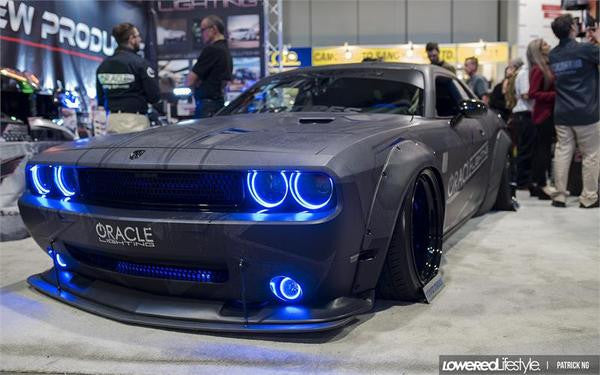 ORACLE Lighting challenger in a showroom with blue headlight and fog light halos
