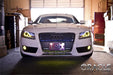 Front view of an Audi A5 with yellow LED headlight and fog light halo rings installed.