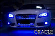 Front end of an Audi A5 with blue LED headlight and fog light halo rings installed.