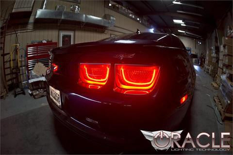 Close-up of a Camaro tail light with afterburner halos installed. Photo taken with a fish eye lens