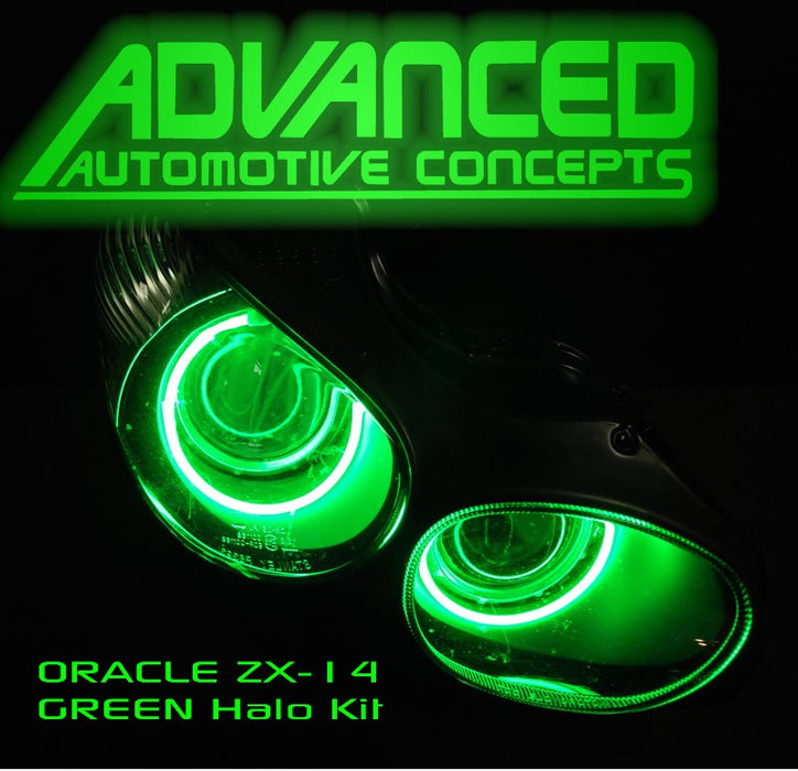 Close-up of Kawasaki ZX-14R Headlights with green LED halo rings.